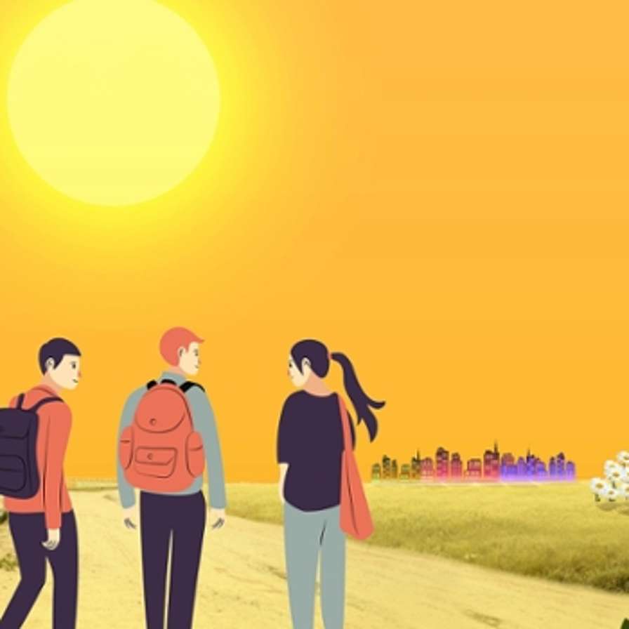 Figuren aan het wandelen met ondergaande zon.