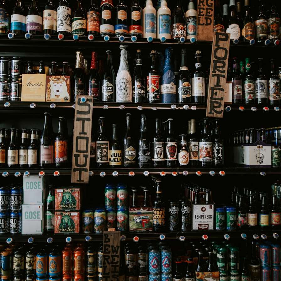 Bottles on shelves.