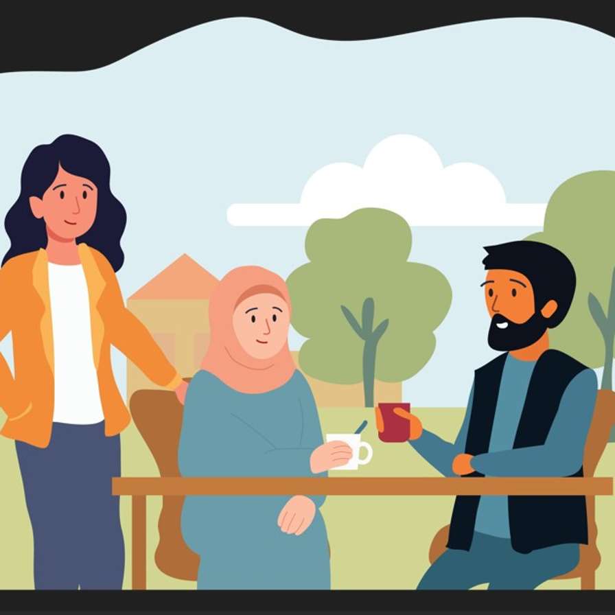 Kaft onderzoeksrapport, illustratie van opbouwwerker met twee nieuwkomers