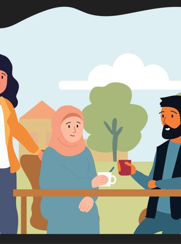 Kaft onderzoeksrapport, illustratie van opbouwwerker met twee nieuwkomers