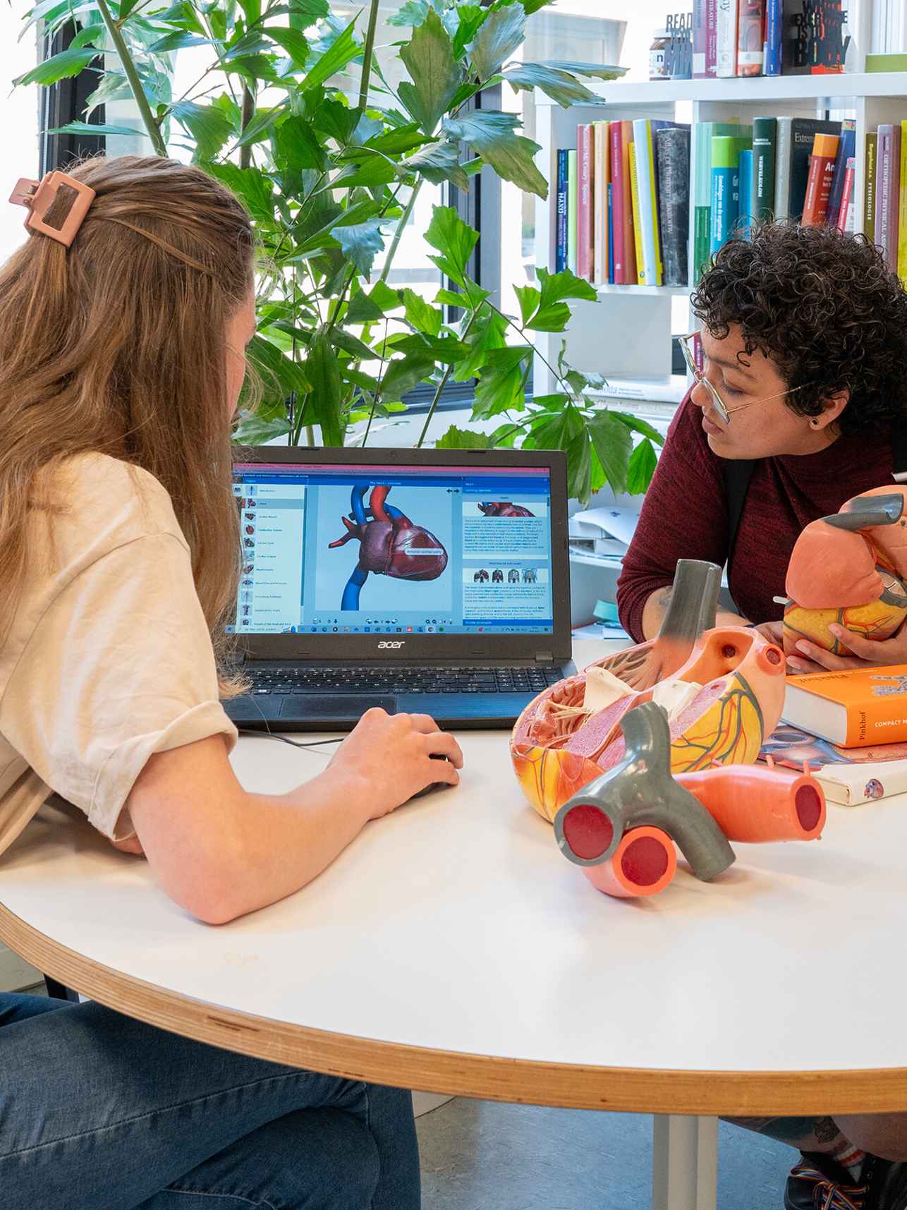 Studenten Fysiotherapie HvA kijken samen op laptop