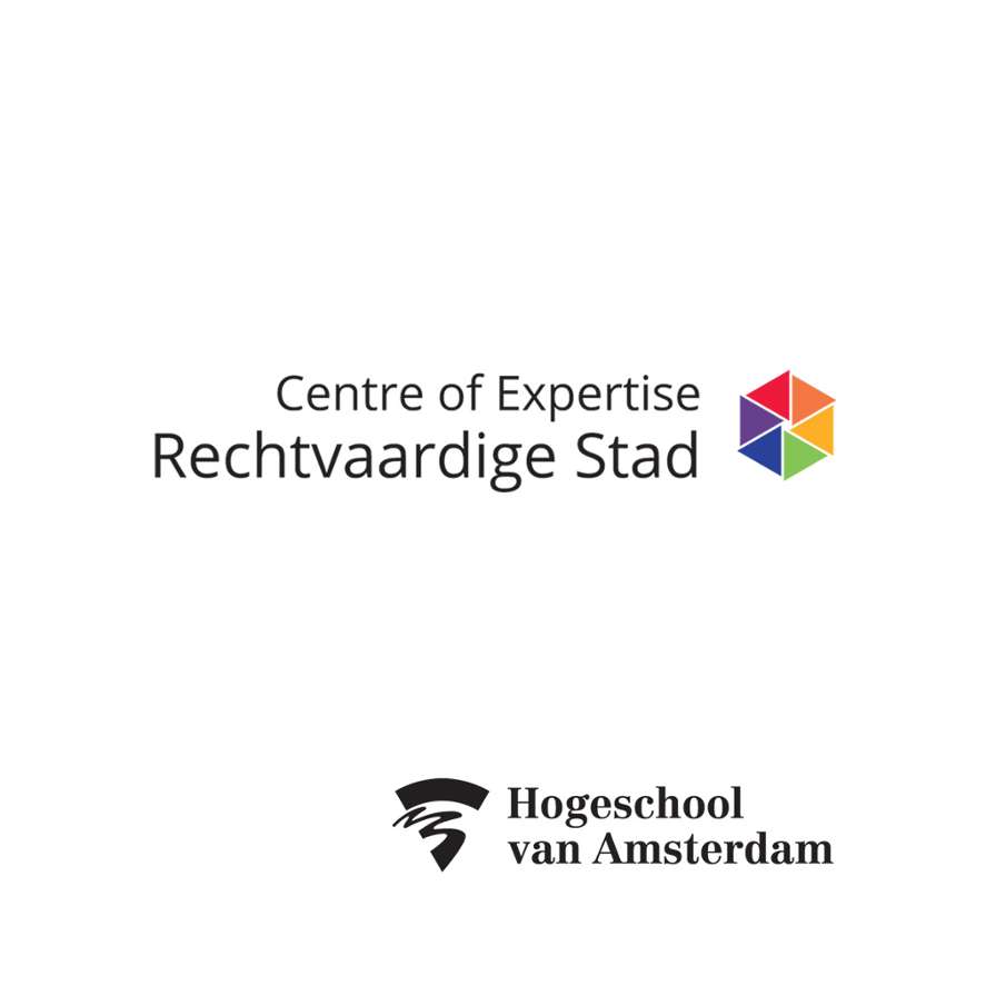 Logo van Centre of Expertise Rechtvaardige Stad en logo van de Hogeschool van Amsterdam.