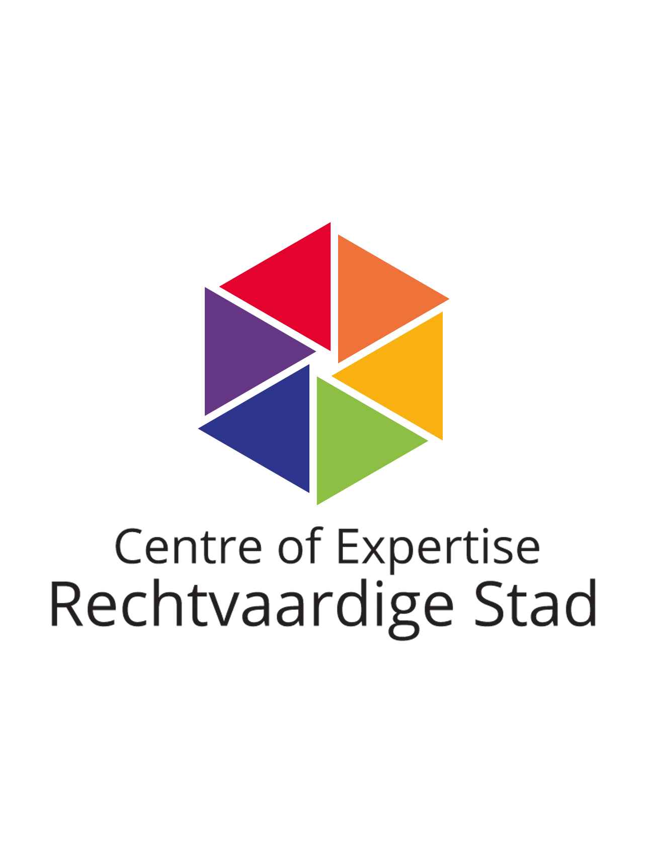 Logo van Centre of Expertise Rechtvaardige Stad. Het is een prisma met driehoeken in alle kleuren van de regenboog.