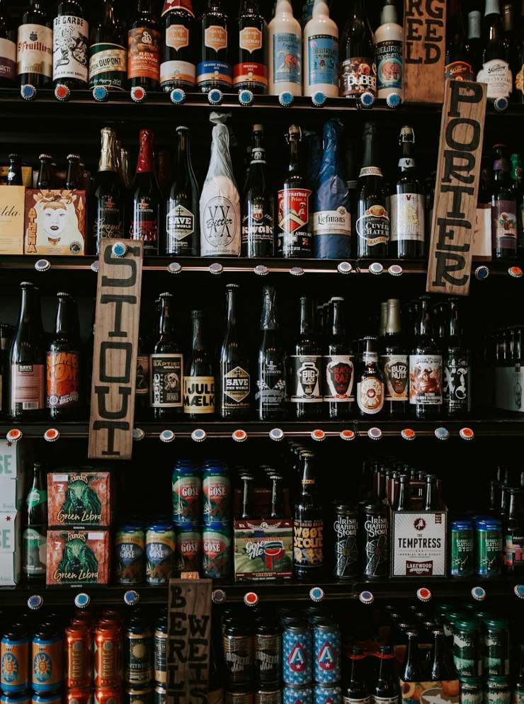 Bottles on shelves.