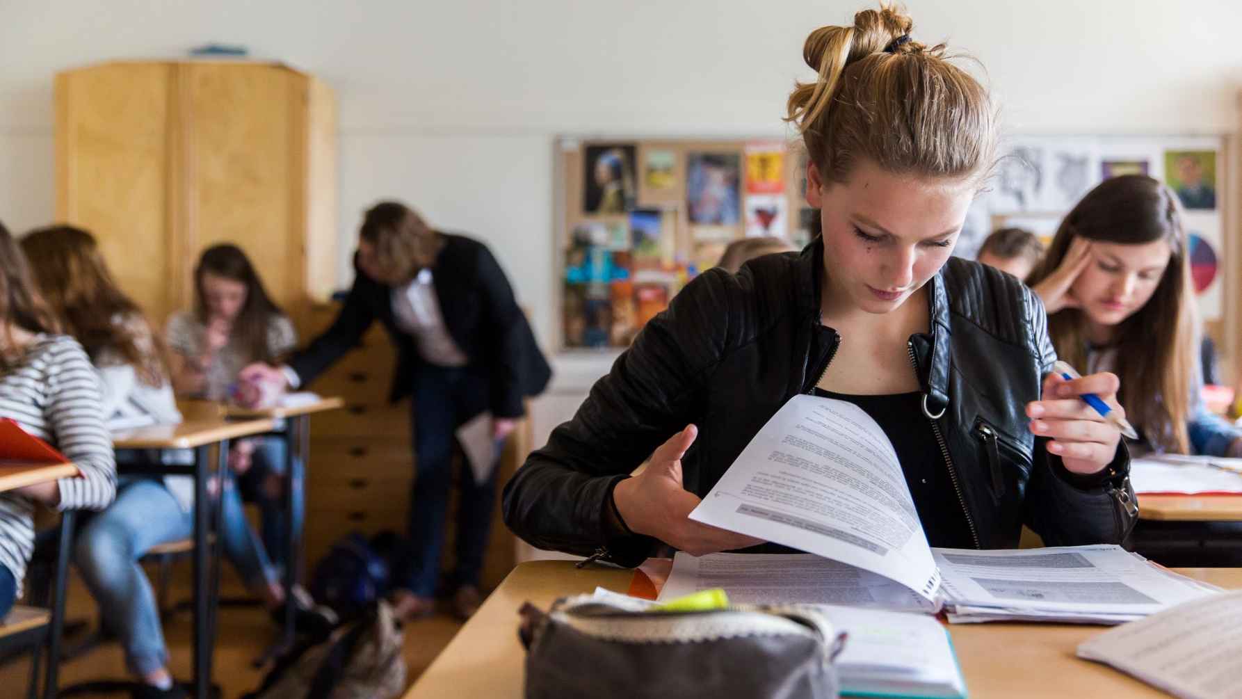 studente neemt lesmateriaal door